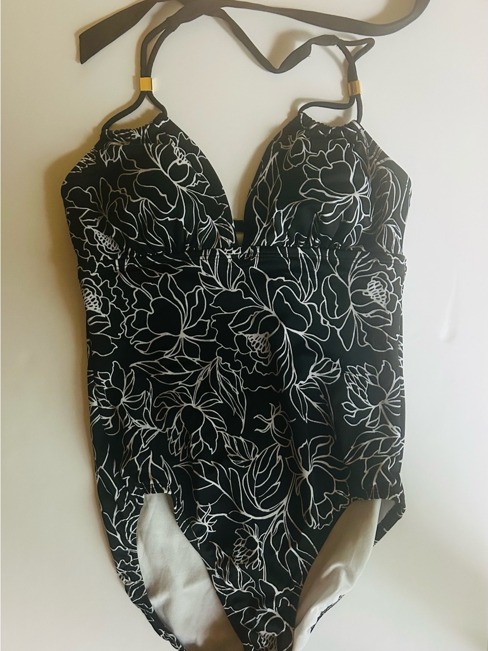 Time and Tru Black One-Piece Swimsuit with White Floral Outline